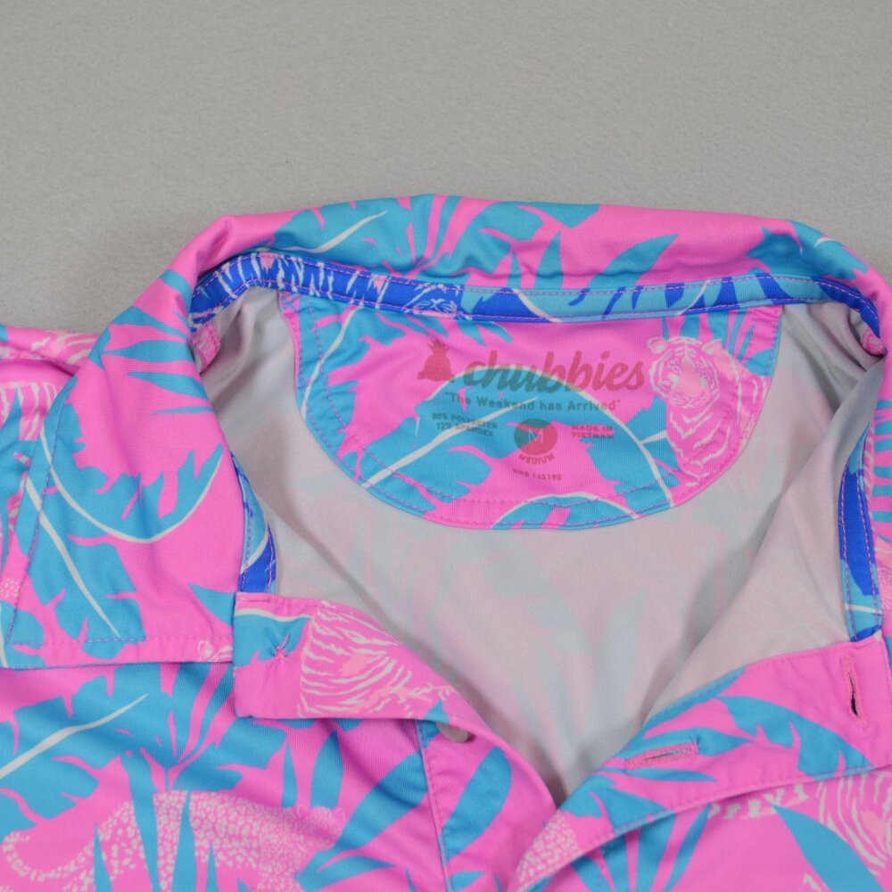 Chubbies Tiger Print Hydrofoil Performance Polo Pink Blue Golf Medium - Picture 6 of 13